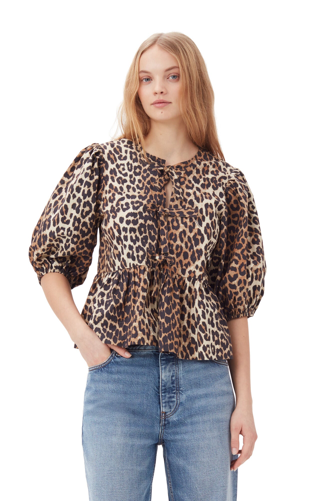 LEOPARD PEPLUM TIE BLOUSE