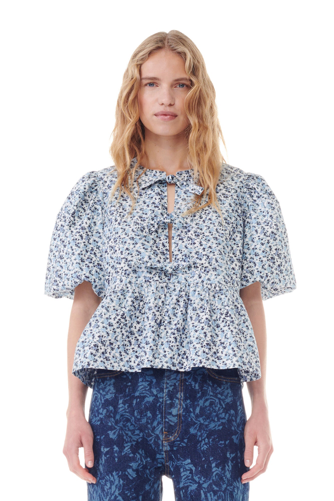 COTTON POPLIN PEPLUM TIE BLOUSE