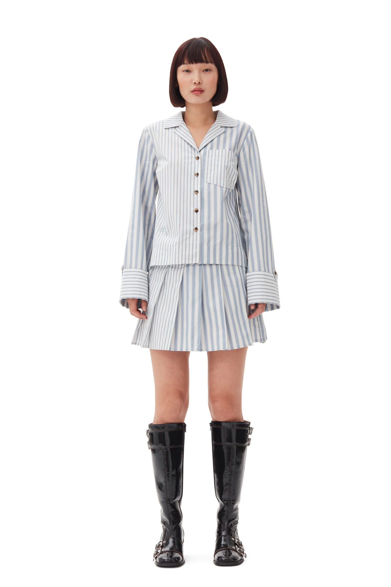 BLUE STRIPE COTTON PLEATED MINI SKIRT