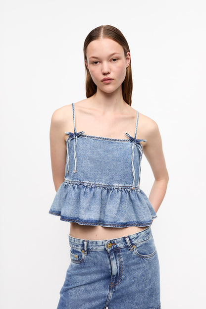 MID BLUE DENIM STRAP TOP