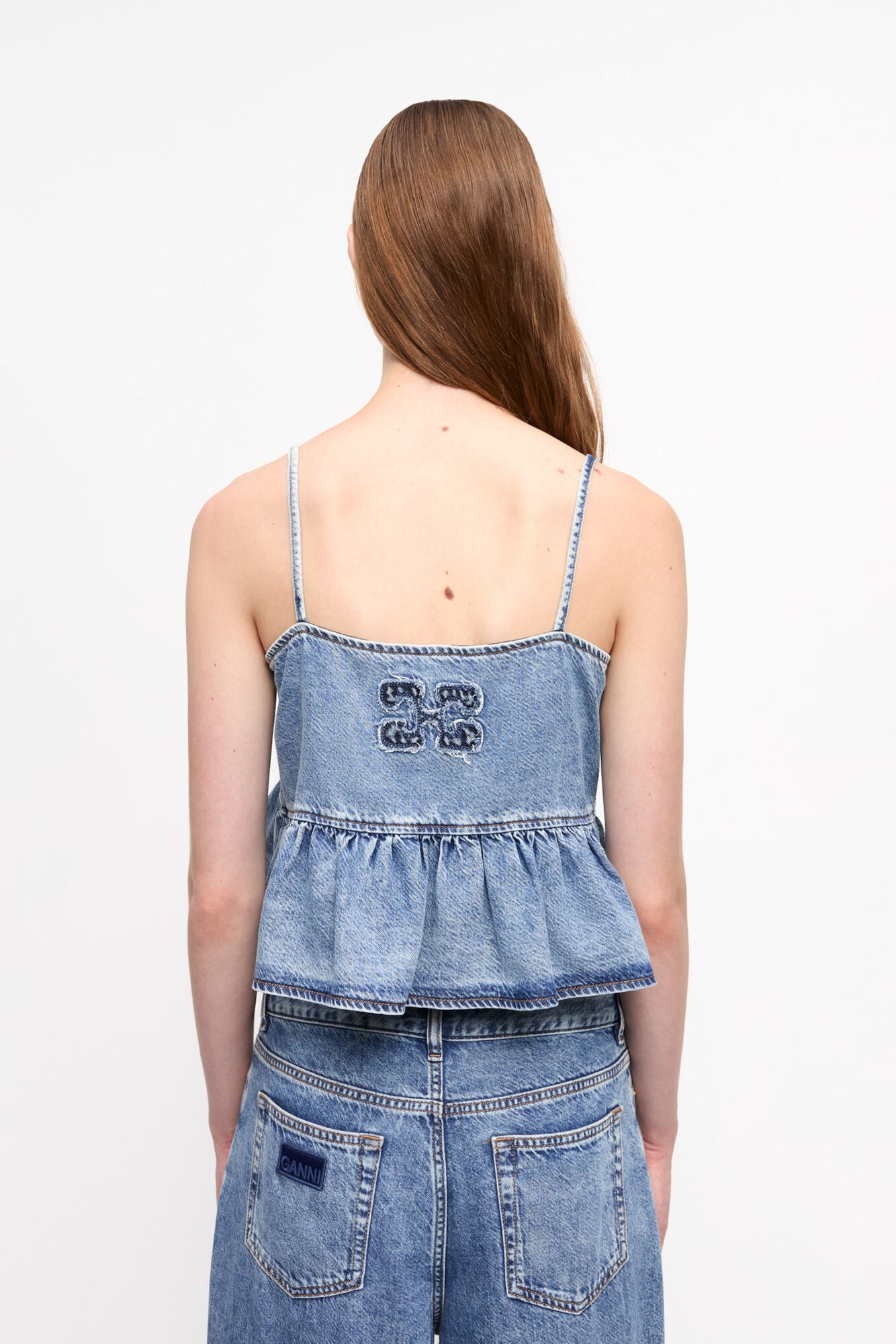 MID BLUE DENIM STRAP TOP