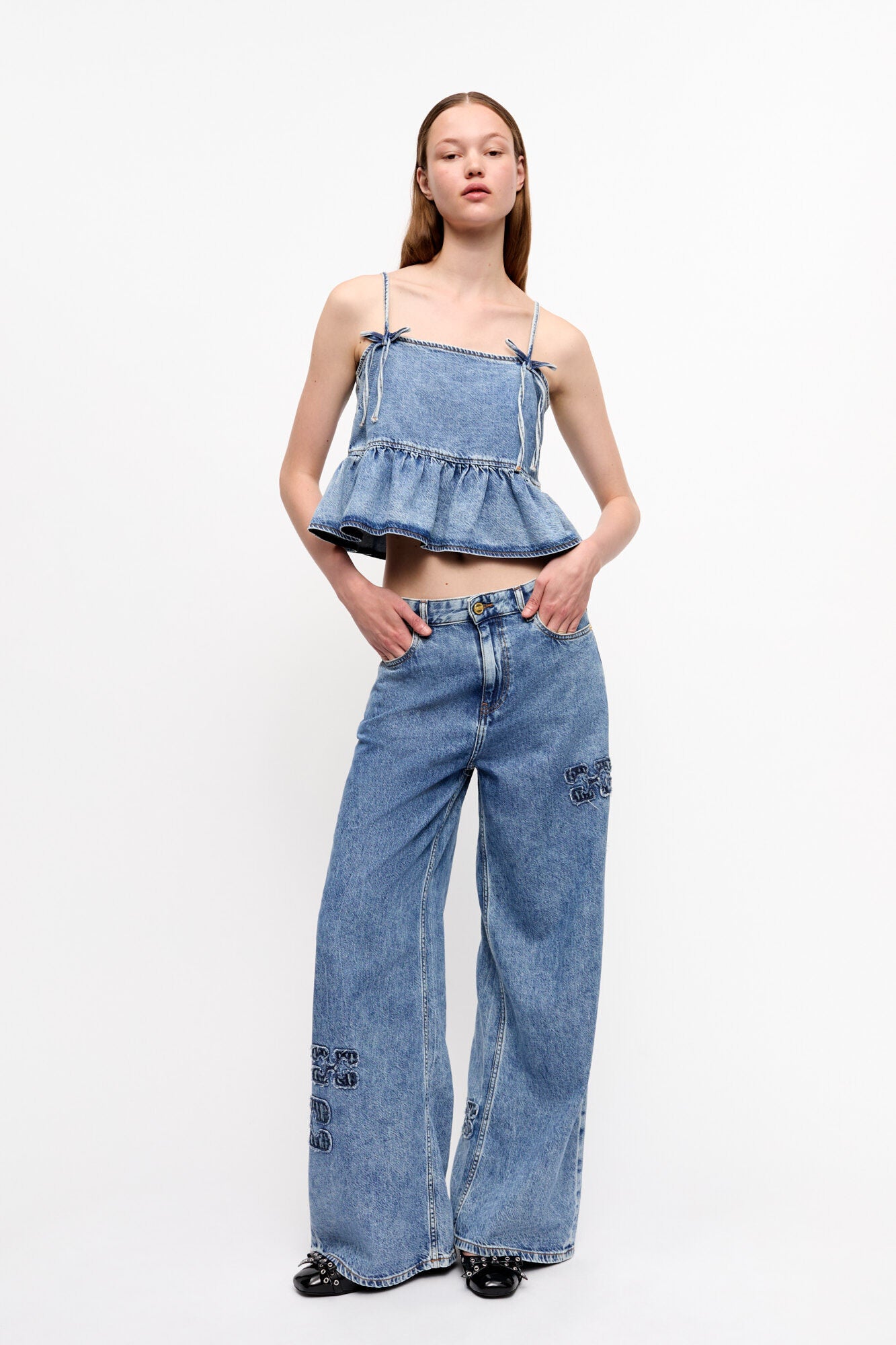 MID BLUE DENIM STRAP TOP