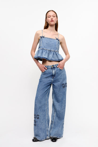 MID BLUE DENIM STRAP TOP