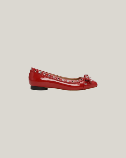 RED EYELET BOW BALLERINAS