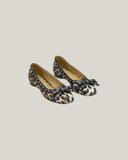 LEOPARD EYELET BOW BALLERINAS