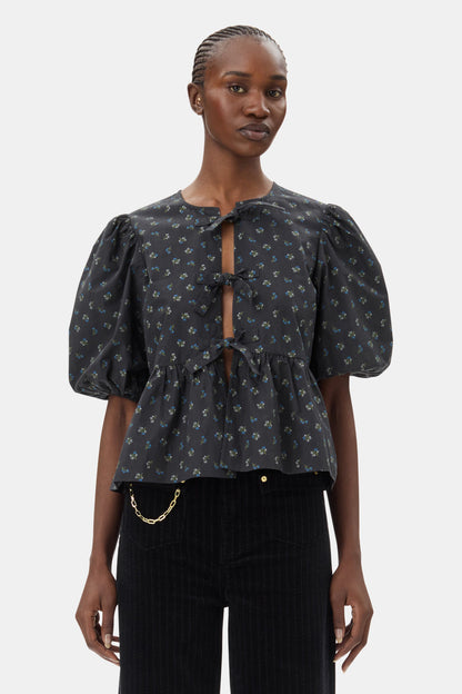 PHANTOM COTTON PEPLUM TIE BLOUSE