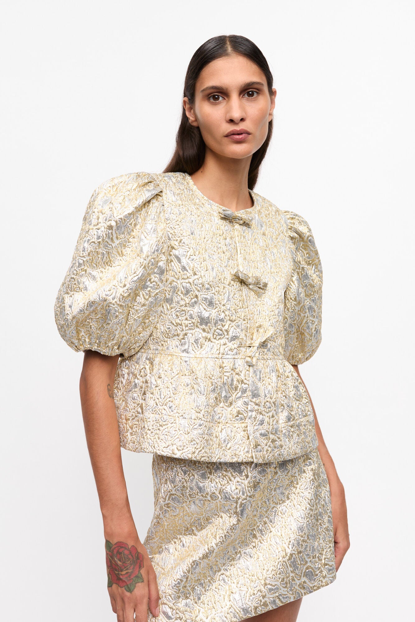 GOLD & SILVER PEPLUM TIE BLOUSE